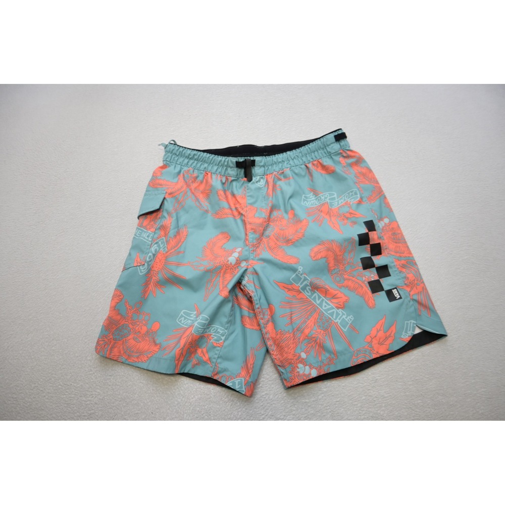 Vans‎ Board Shorts Mens Medium Teal Coral Tropical Checkerboard Swim Trunks EUC